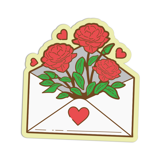 A die-cut sticker featuring an open white envelope with three red roses and green leaves, plus small red hearts, shown on a plain white background.
