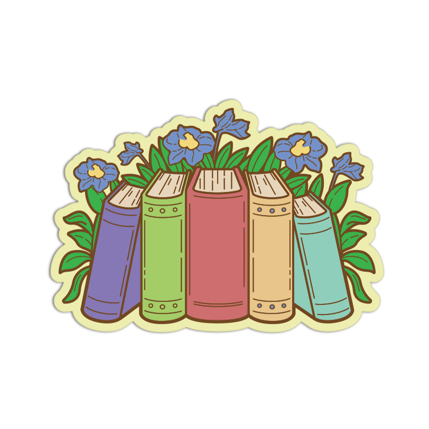 A die-cut sticker featuring an illustration of five colorful books with blue flowers and green leaves, outlined in brown with a pale yellow border, shown on a plain white background.