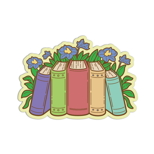 A die-cut sticker featuring an illustration of five colorful books with blue flowers and green leaves, outlined in brown with a pale yellow border, shown on a plain white background.