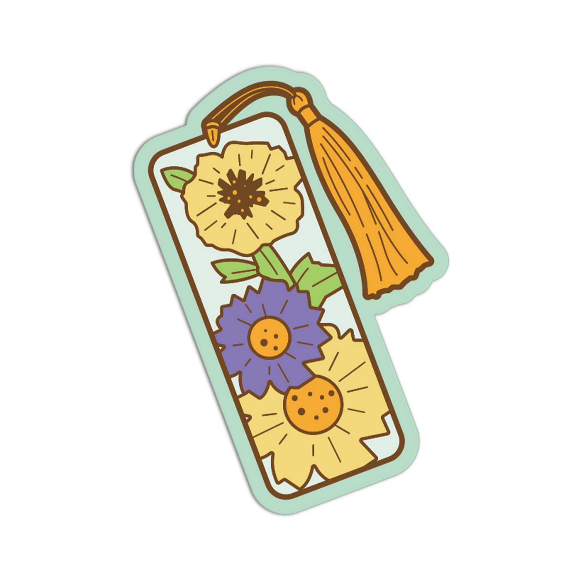 A decorative bookmark with a tassel, featuring three colorful illustrated flowers in yellow, purple, and orange on a white background with a mint green border.