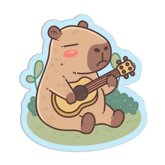 A cartoon die-cut sticker of a capybara playing a guitar, shown on a plain white background.