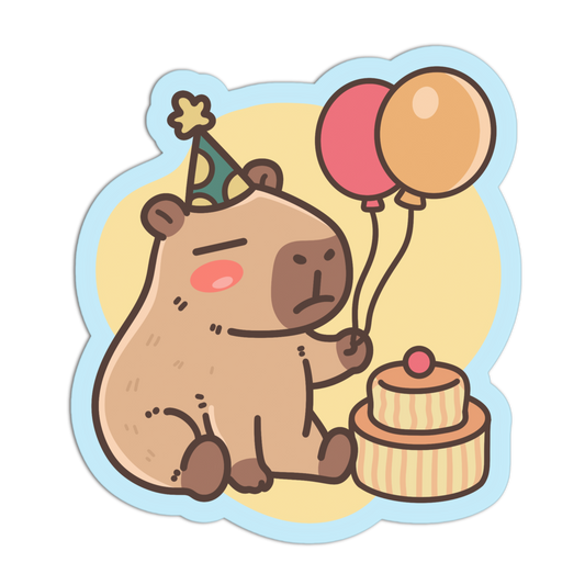A cartoon sticker-style illustration of a capybara wearing a party hat and holding two balloons next to a small tiered cake on a pale yellow background with a light blue border.