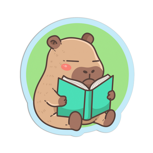 A cartoon sticker-style illustration of a beige animal character sitting and reading a teal book, centered on a light green circular background with a pale blue border, shown on a plain white background.