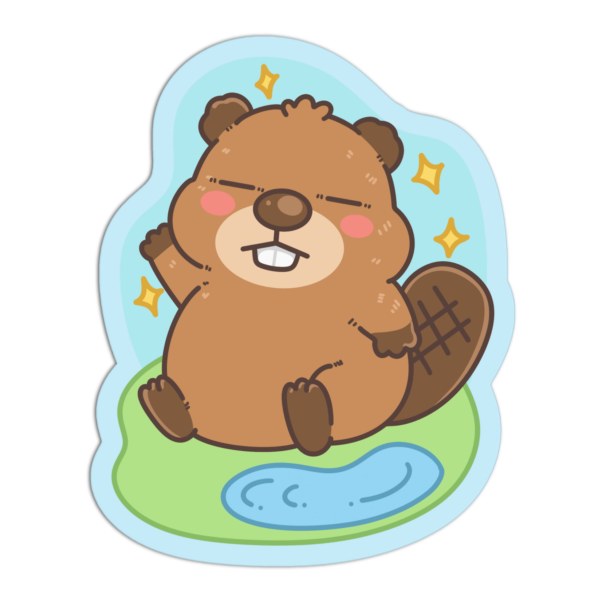 A cartoon beaver sticker or decal showing a brown beaver sitting on a green patch of grass with a small blue pond, pink cheeks, yellow stars, and a light blue outline on a white background.