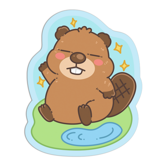 A cartoon beaver sticker or decal showing a brown beaver sitting on a green patch of grass with a small blue pond, pink cheeks, yellow stars, and a light blue outline on a white background.
