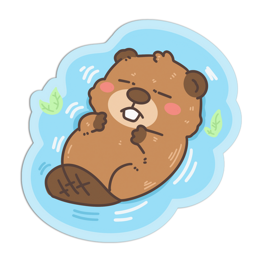 A cute cartoon beaver sticker or decal on a white background. The beaver is brown with pink cheeks, holding a small white clam, surrounded by a light blue cloud-shaped outline with small green leaves.