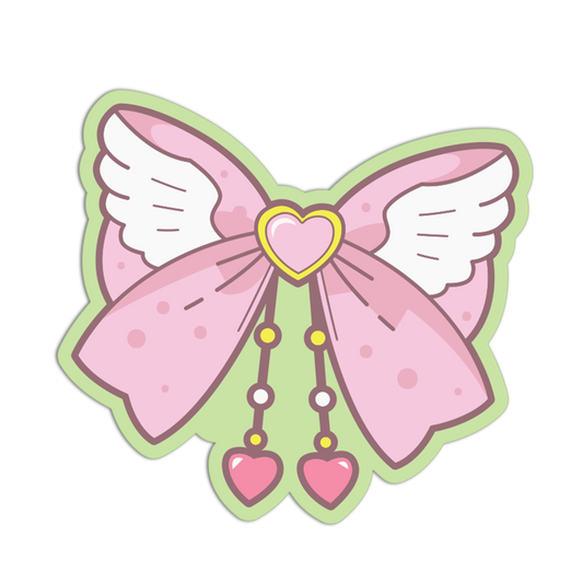 Cartoon butterfly with pink bow and heart-shaped decorations on a white background