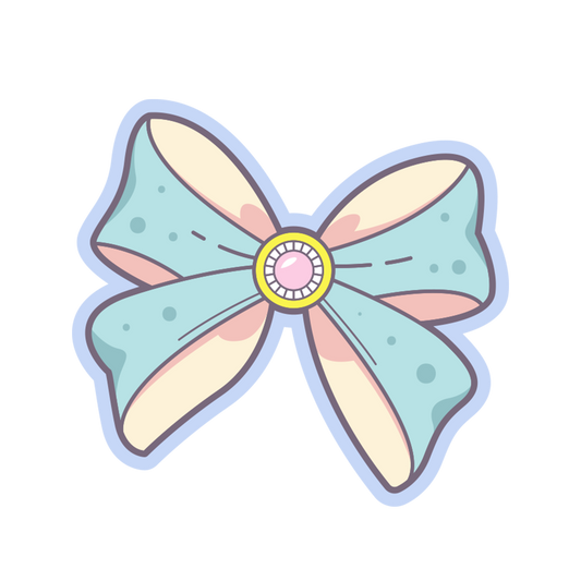 Pastel-colored bow with a central gem on a white background