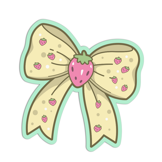 Bow-shaped sticker with strawberry design on a white background