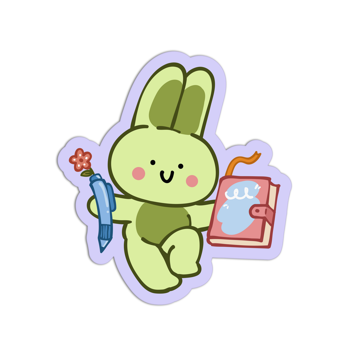 A cartoon bunny sticker or decal on a plain white background. The bunny is light green with darker green inner ears, holding a blue pen with a small red flower and a pink notebook with a blue page.