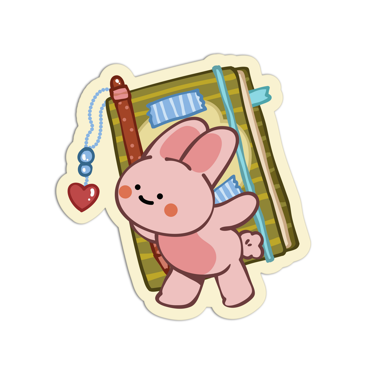 A die-cut sticker featuring a cute pink cartoon bunny standing in front of a green striped backpack, with a red heart charm and blue beads on the left side, shown on a plain white background.