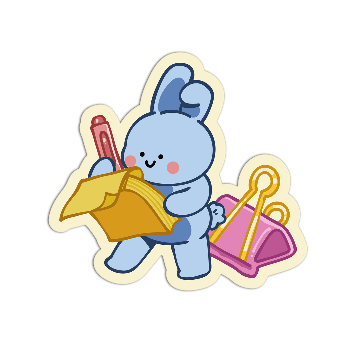 A die-cut cartoon sticker featuring a light blue bunny holding a yellow folder and a red pen, with a pink pouch behind it, shown on a plain white background.