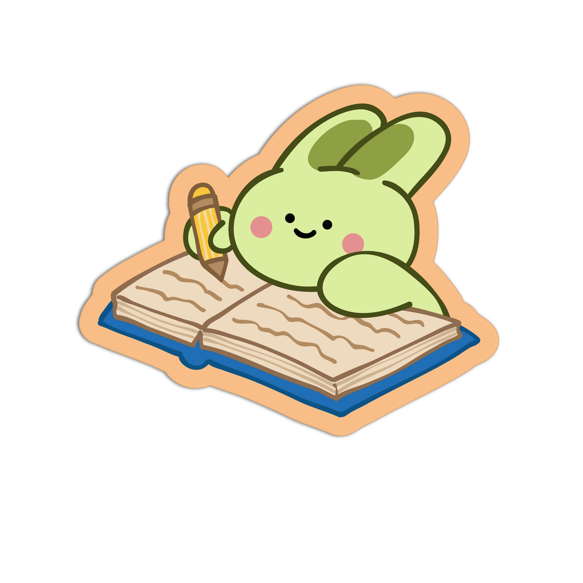 A cute cartoon sticker or decal of a green bunny sitting on an open book and writing with a pencil, shown on a plain white background.