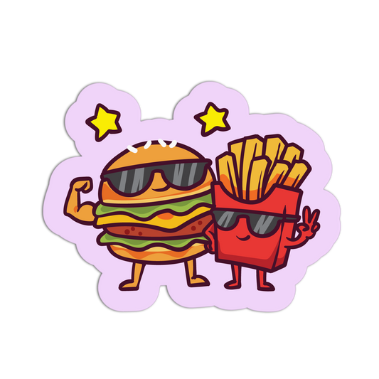 Cartoon hamburger and fries with sunglasses on a purple background