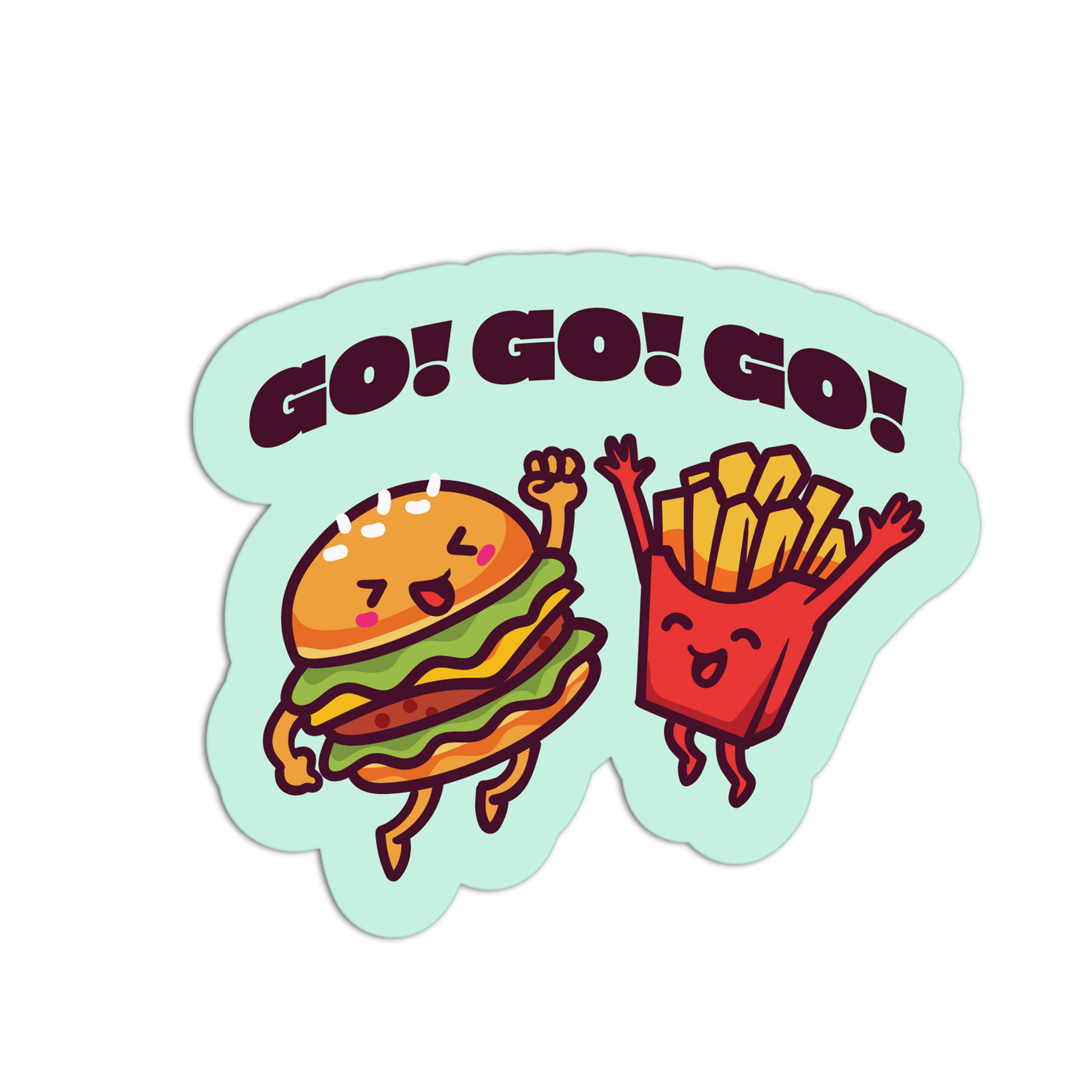 Sticker with a happy burger and fries with 'GO! GO! GO!' text on a light green background