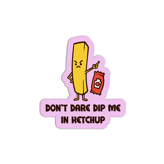 Cartoon banana character with ketchup bottle and text 'Don't dare dip me in ketchup' on a pink background