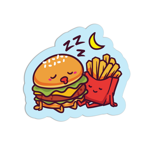 Cartoon sticker of a hamburger and fries with a moon and sleep symbols on a white background