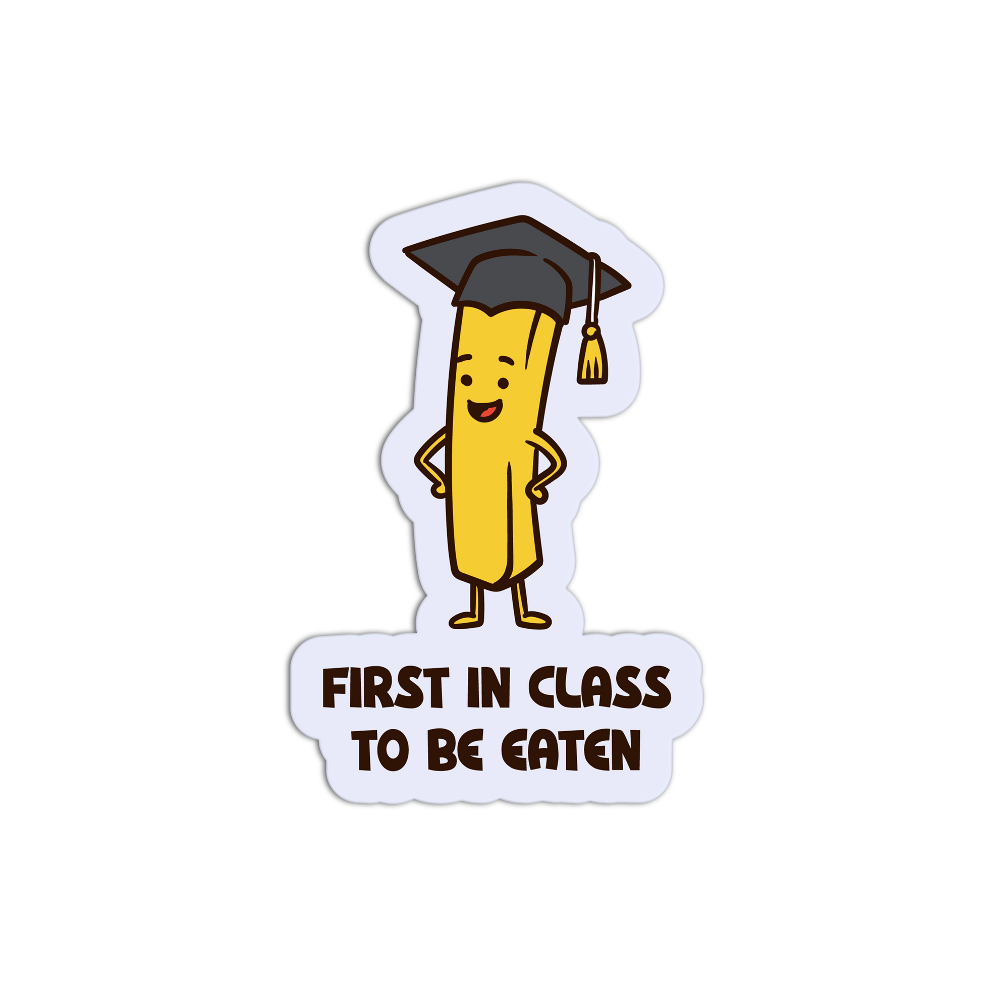Cartoon character in a graduation gown and cap with 'First in Class to be Eaten' text on a white background