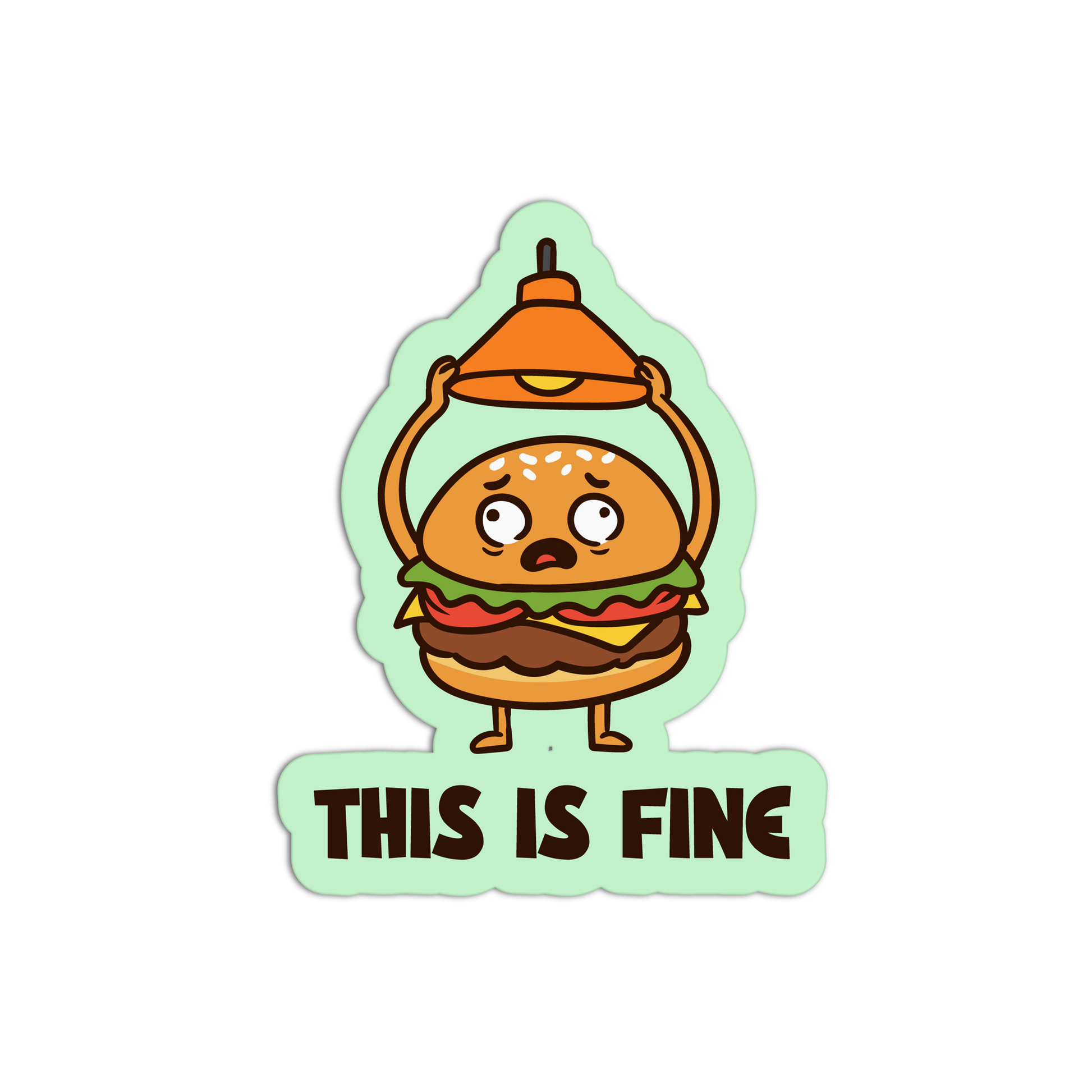 Cartoon hamburger in a lampshade with 'This is Fine' text on a light green background