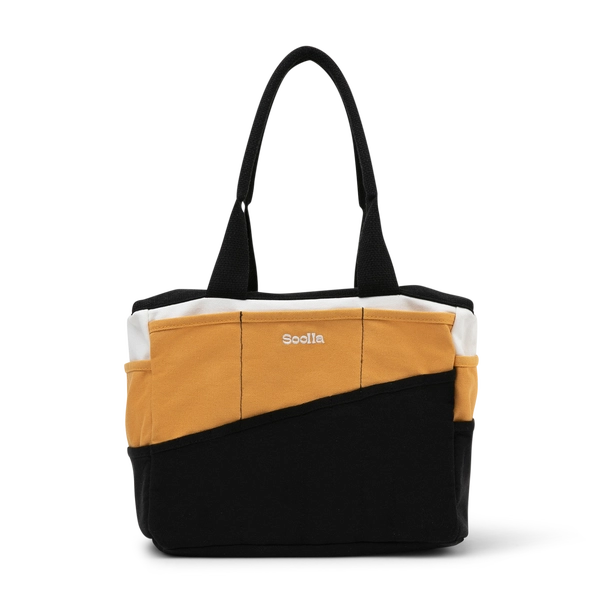 Tote bag with black and mustard yellow design on a white background