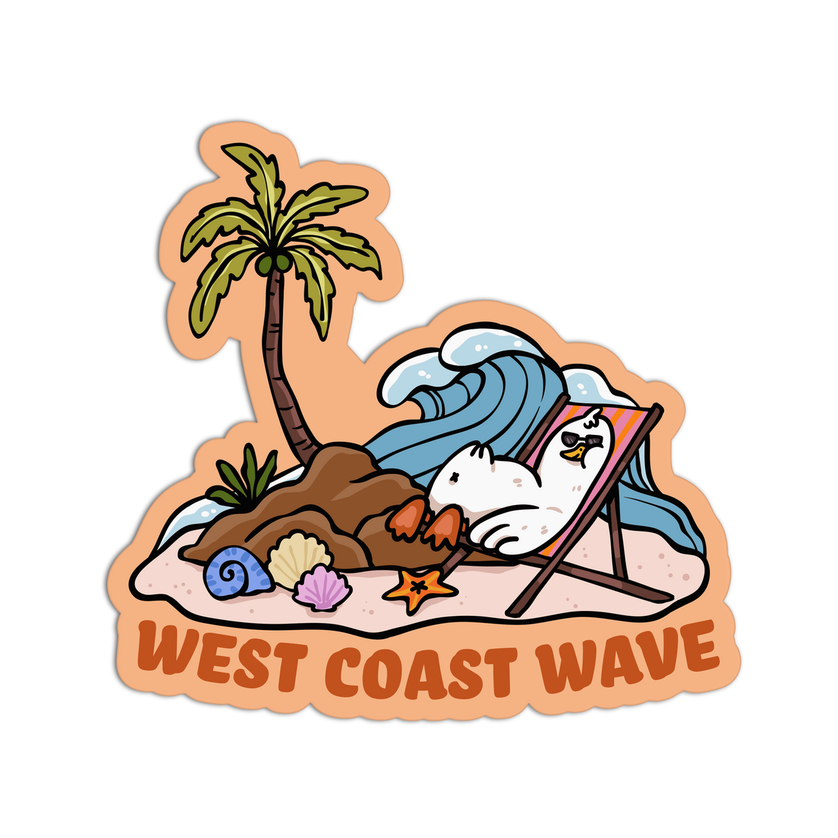 A die-cut sticker featuring a cartoon beach scene with the text 'WEST COAST WAVE'. The illustration shows a white cat lounging in a deck chair on the sand, with a blue wave, palm tree, rocks, shells, and starfish.