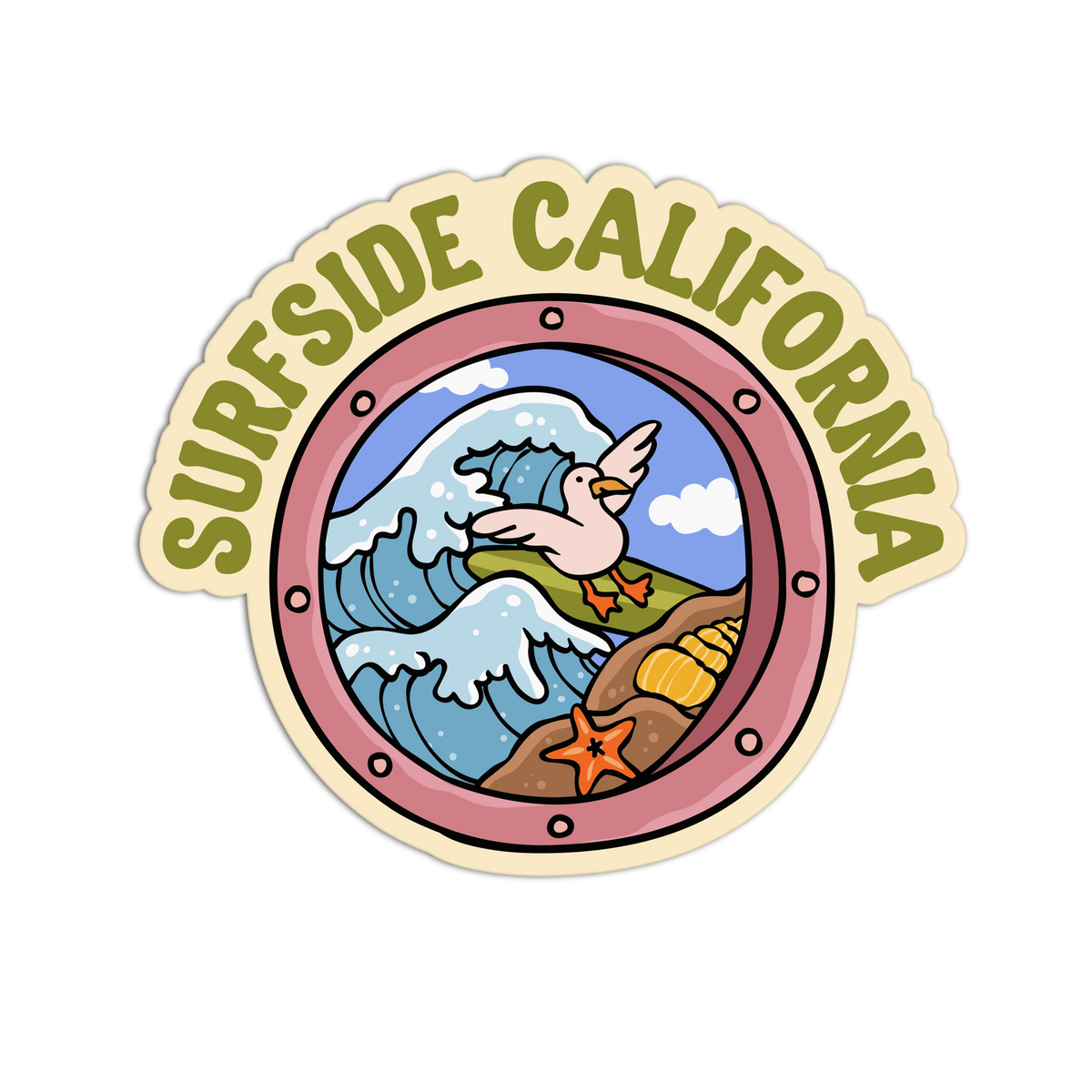 A die-cut sticker featuring a cartoon illustration of a surfer bird on a beach seen through a porthole window, with the text 'SURFSIDE CALIFORNIA' arched above in olive green letters on a cream background.