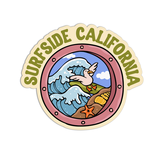 A die-cut sticker featuring a cartoon illustration of a surfer bird on a beach seen through a porthole window, with the text 'SURFSIDE CALIFORNIA' arched above in olive green letters on a cream background.