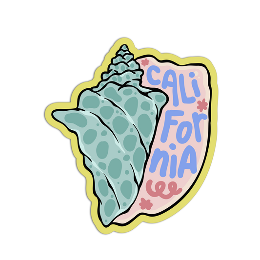 A die-cut sticker featuring a stylized seashell design with the words 'CALI For niA' in blue lettering on a pink section, outlined in yellow, shown on a plain white background.