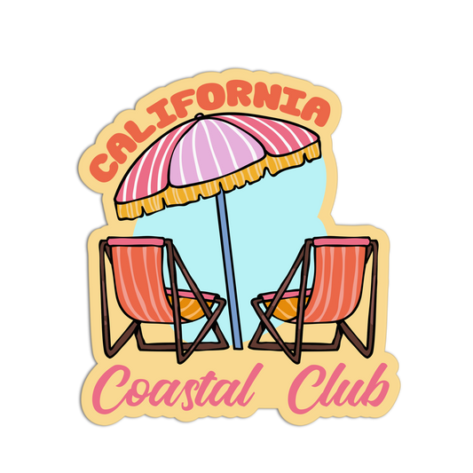 A die-cut sticker featuring a retro beach scene with two pink-and-orange striped deck chairs under a pink-and-white striped umbrella, with the words 'CALIFORNIA Coastal Club' in orange and pink lettering on a light blue background.