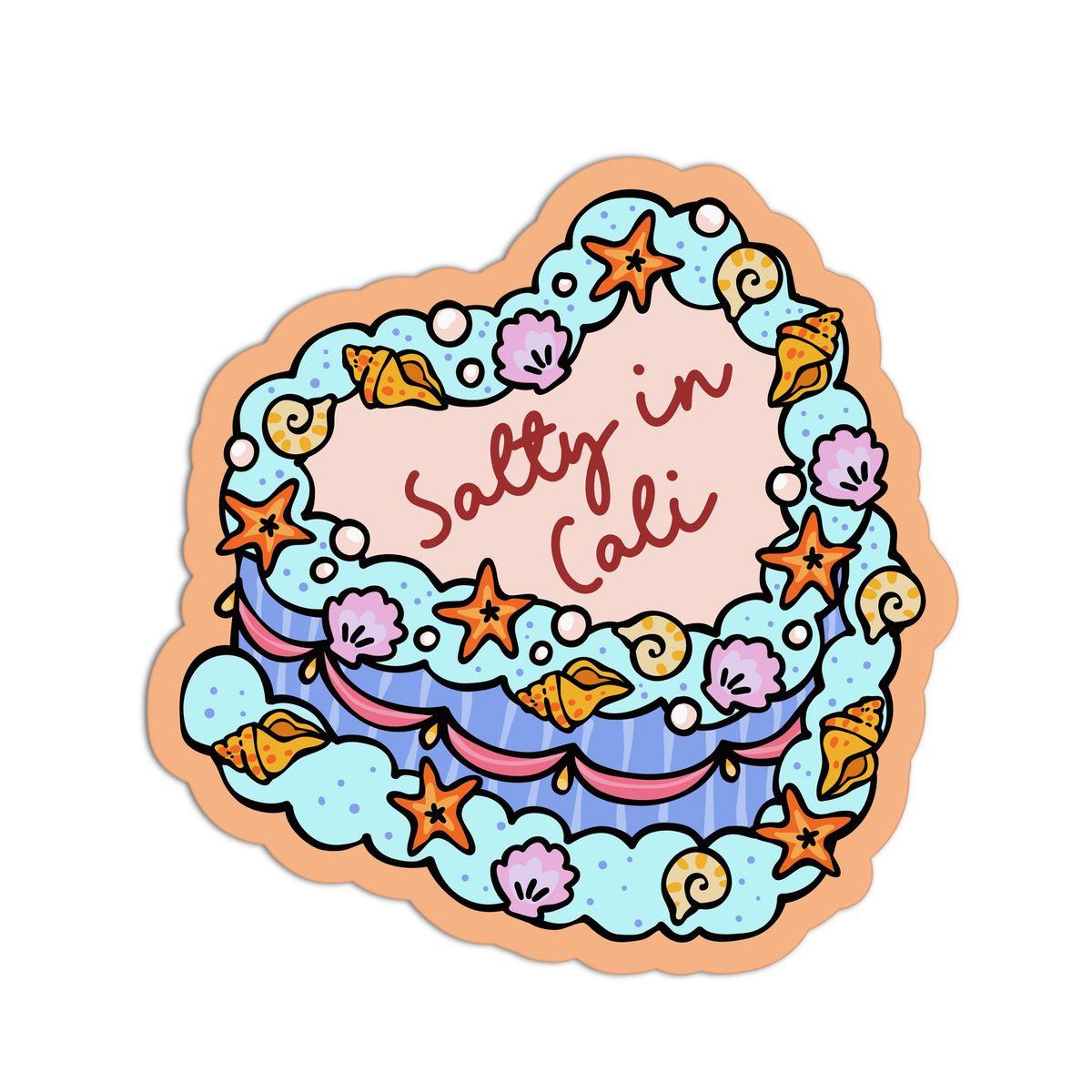 A scalloped die-cut sticker featuring a retro beach-themed illustration with the text 'Salty in Cali' in red script. The design includes light blue ocean waves, pink and purple seashells, orange starfish, and yellow seashells on a peach-colored border, set against a plain white background.