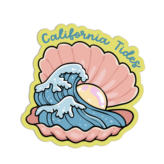 A die-cut sticker featuring a cartoon illustration of a pink clam shell with blue ocean waves and a pearl, with the text 'California Tides' in blue script on a pale yellow background.