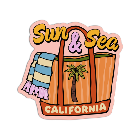 A die-cut sticker featuring a retro-style beach tote bag illustration with the words 'Sun & Sea' in yellow and pink, a palm tree on the bag, a blue-and-white striped towel draped over the side, and 'CALIFORNIA' written along the bottom.