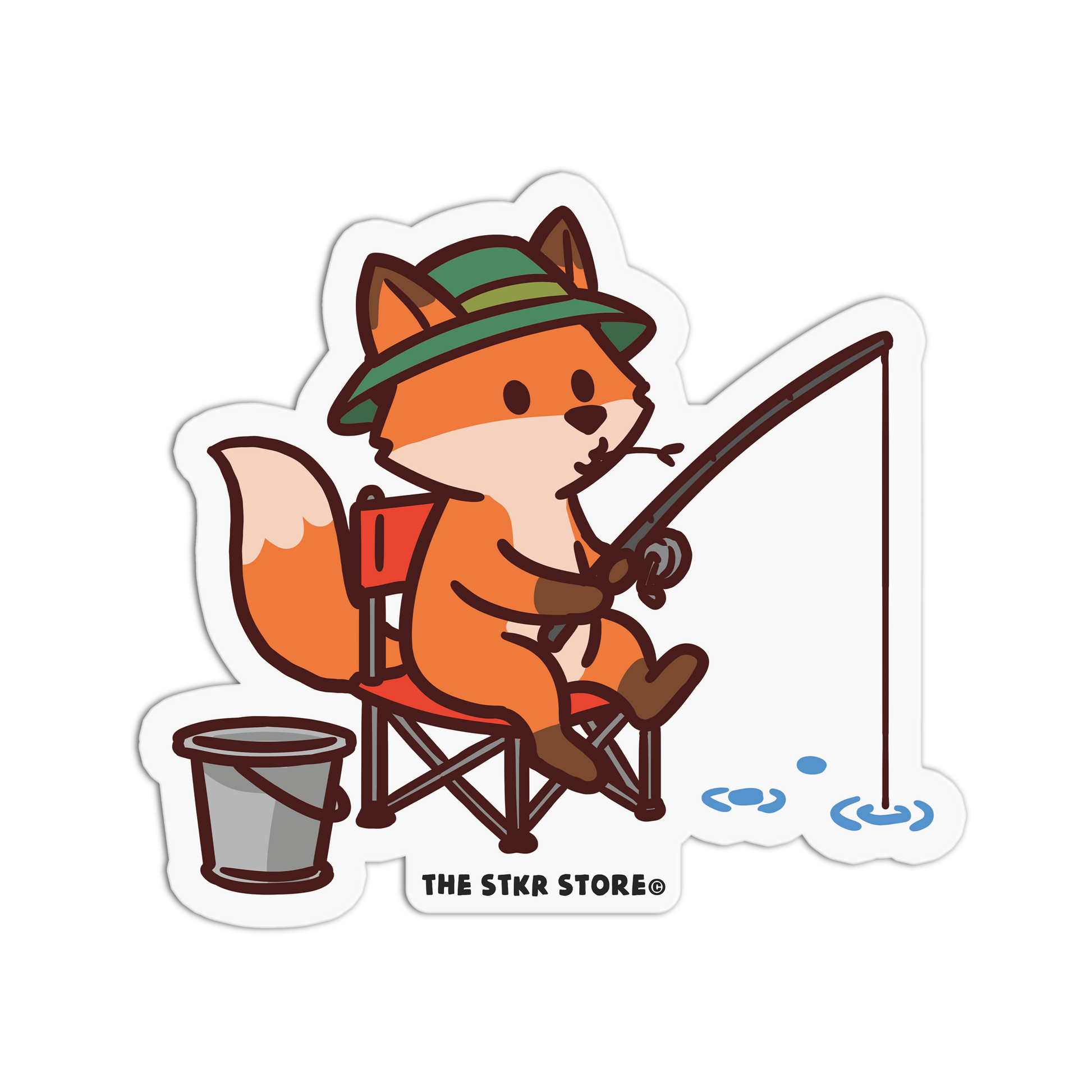 Cartoon fox character fishing with a hat and chair, sitting on a white background with 'The Stkr Store' logo.