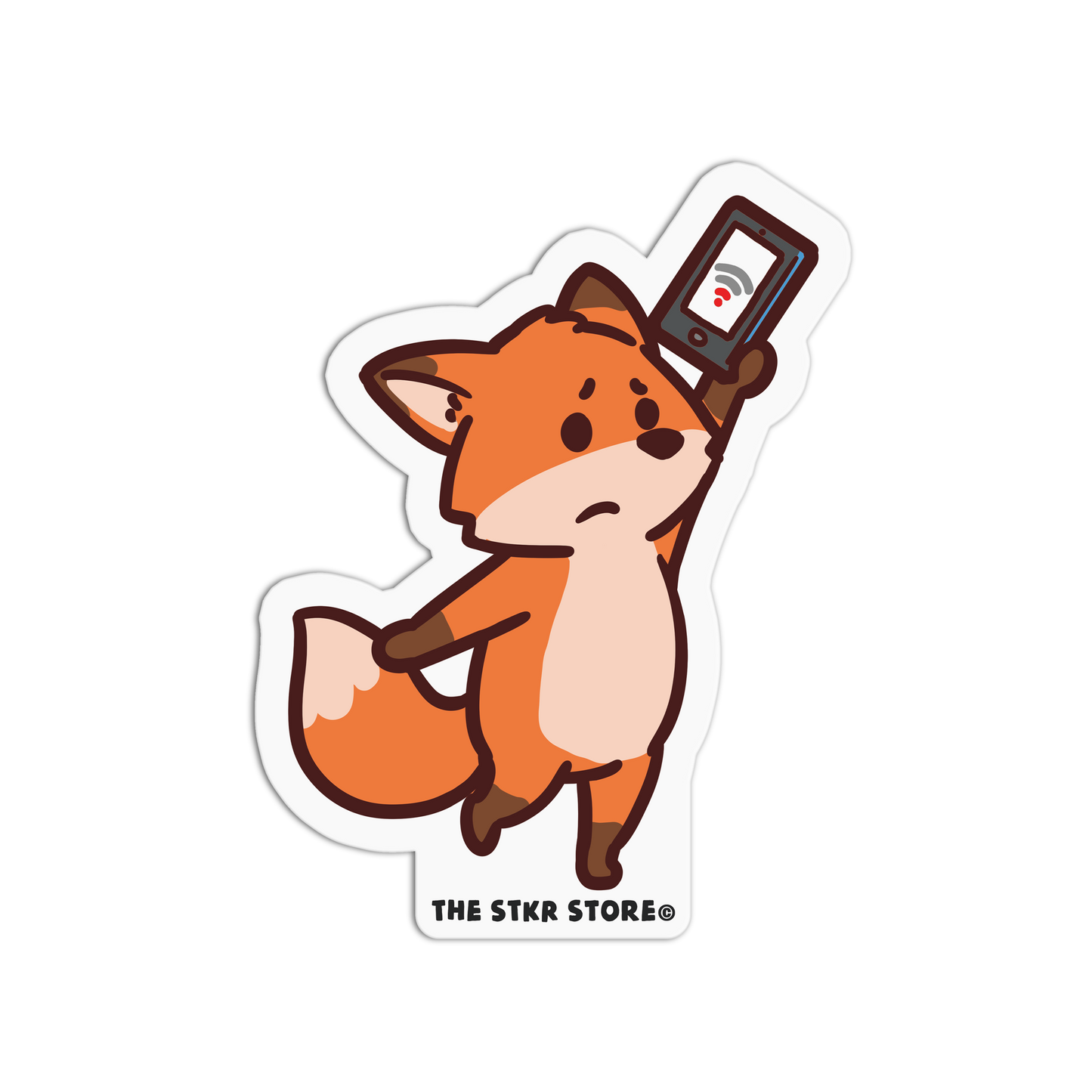 Sticker of a fox holding a smartphone with a white background, branded 'The STKR Store'.