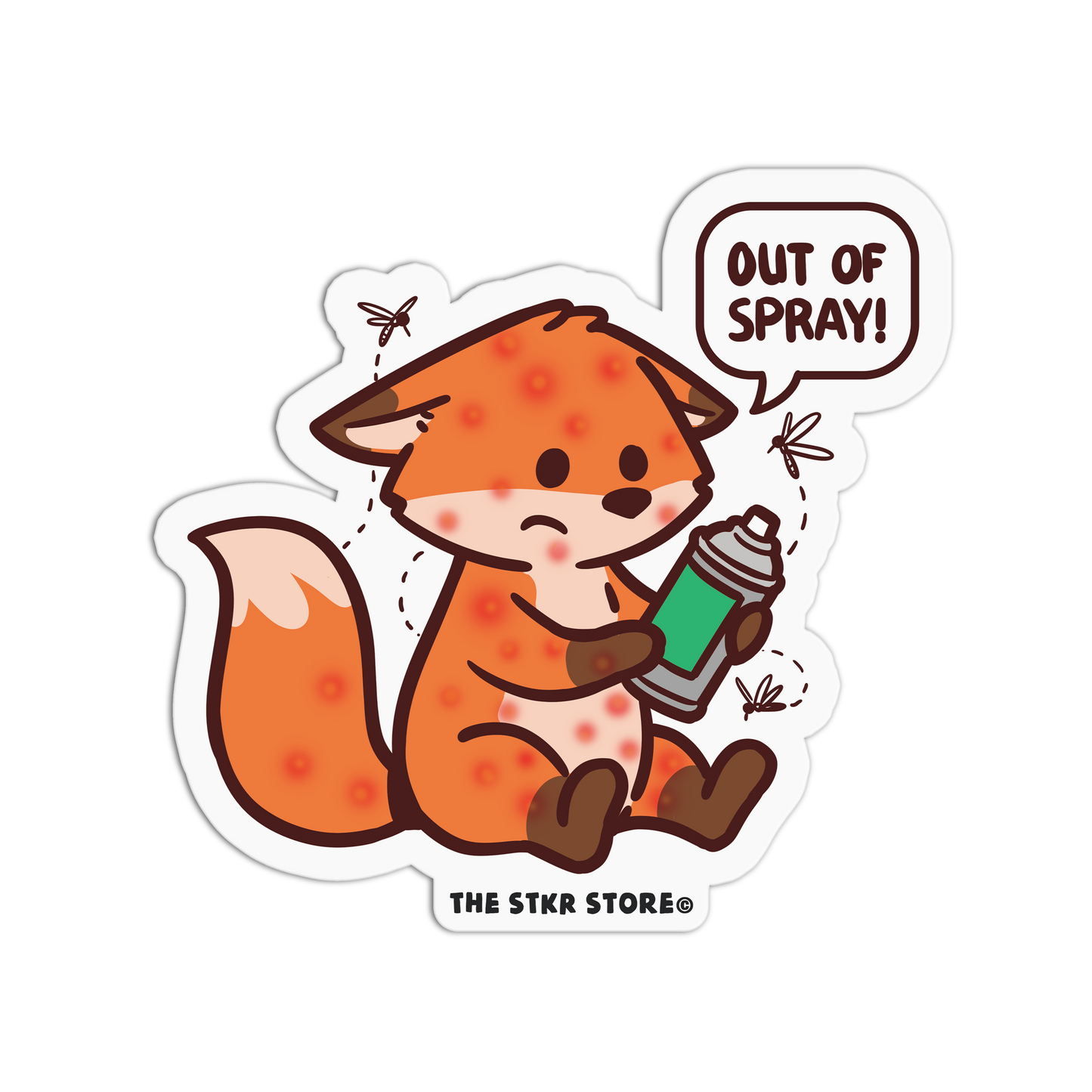 Cartoon fox holding a spray can with 'Out of Spray!' text, from The STKR Store.