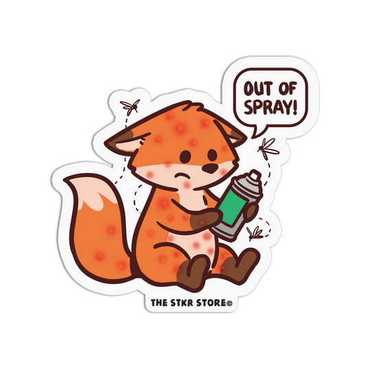 Cartoon fox holding a spray can with 'Out of Spray!' text, from The STKR Store.