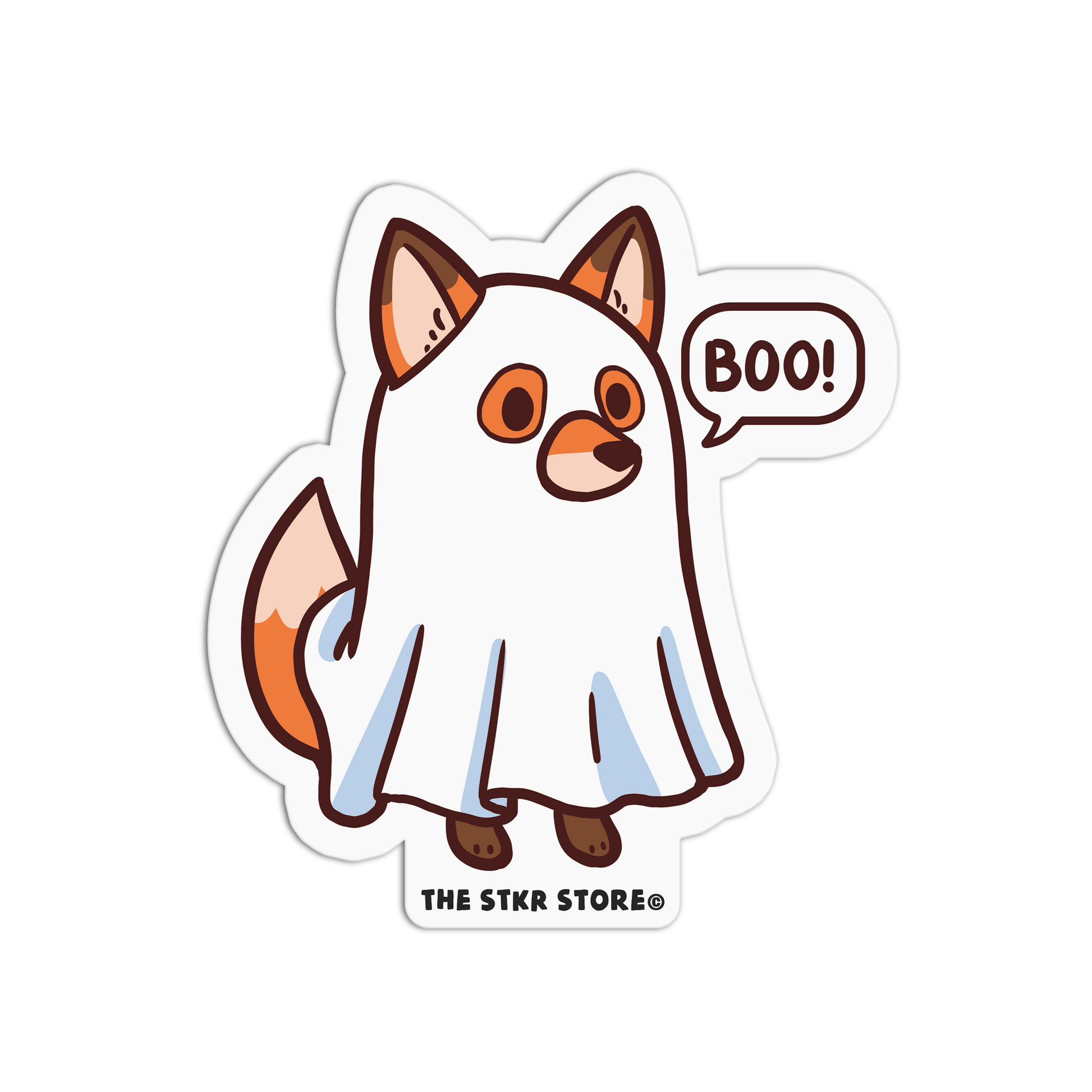 Cartoon ghost fox with 'BOO!' speech bubble from The Stkr Store on a white background