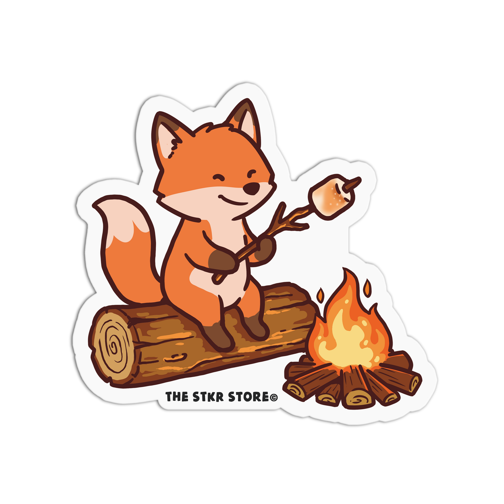 Sticker of a fox roasting a marshmallow over a campfire with 'The Stkr Store' logo.