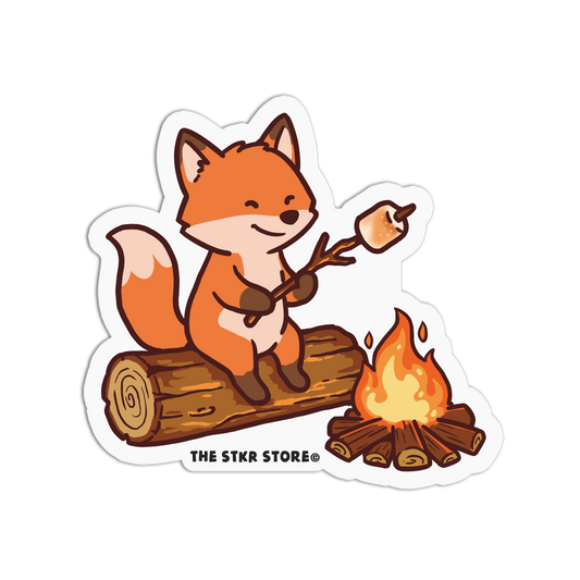 Sticker of a fox roasting a marshmallow over a campfire with 'The Stkr Store' logo.