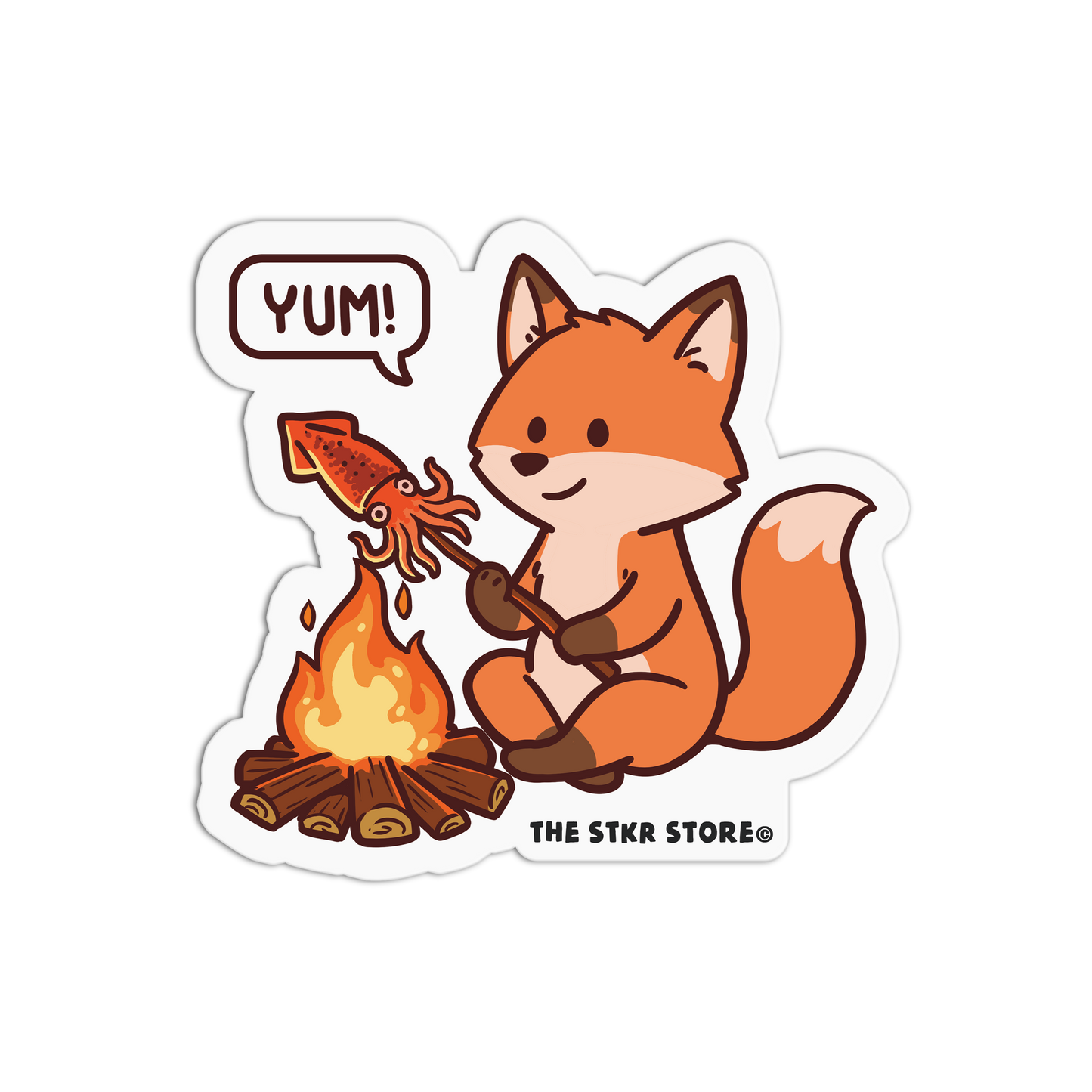 Cartoon fox roasting a marshmallow over a campfire with 'YUM!' speech bubble, from The STKR Store.