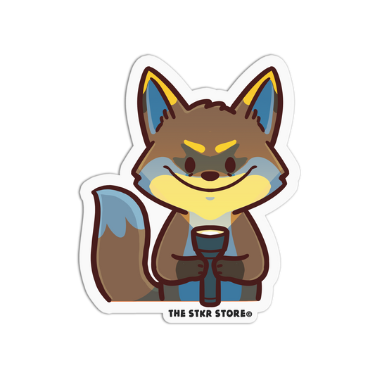 Cartoon fox character holding a flashlight with 'The Stkr Store' logo below.