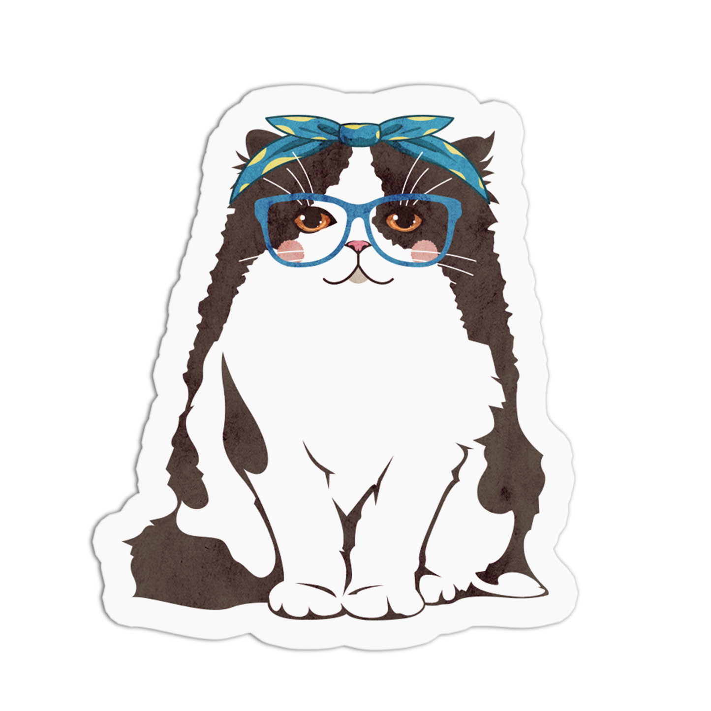 Black and White Longhair with Blue Glasses and Headband - Cute Cats Stickers - The Stkr Store