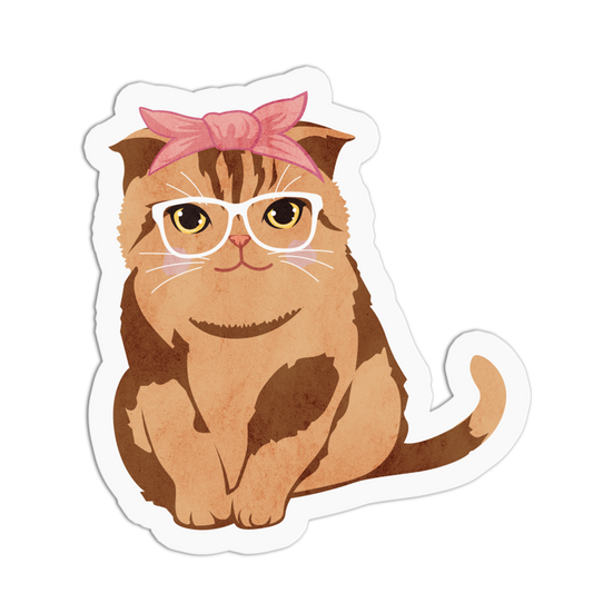 Calico Cat with White Glasses and Pink Bow - Cute Cats Stickers