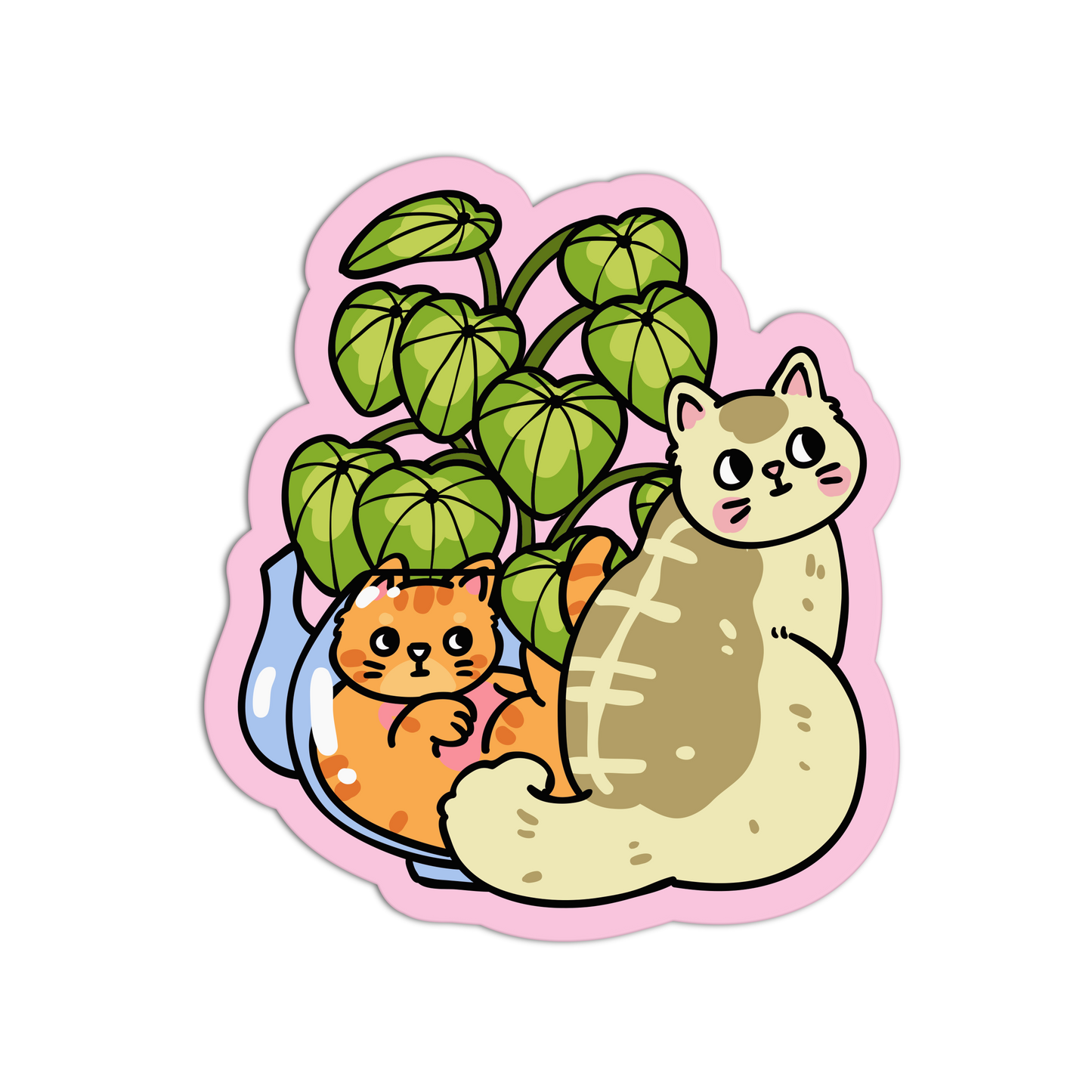 Sticker with cartoon cats and a plant on a white background