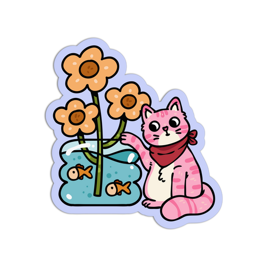 Sticker of a pink cat with a red scarf next to a fishbowl with flowers and goldfish on a white background.