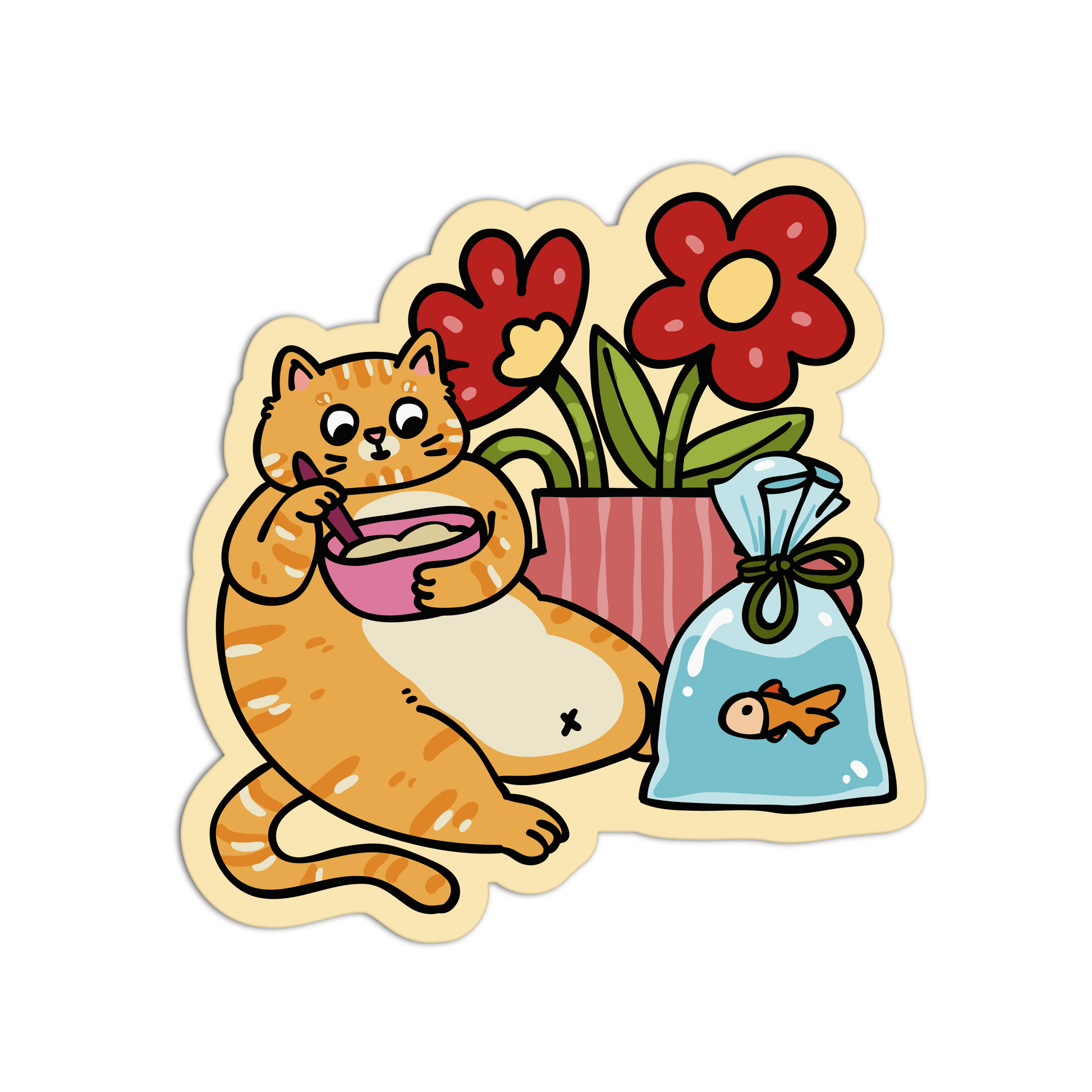 Cartoon cat with flowers and a fish bag on a white background