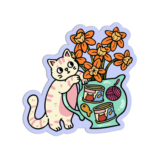 Sticker of a cat with a teapot and flowers on a white background