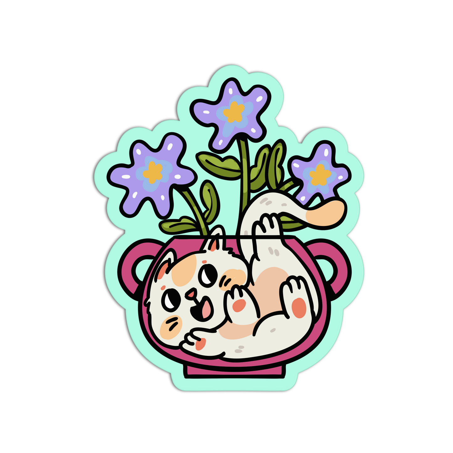 Sticker of a cat holding flowers in a teacup on a white background