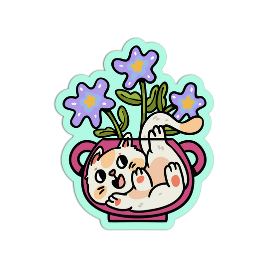 Sticker of a cat holding flowers in a teacup on a white background