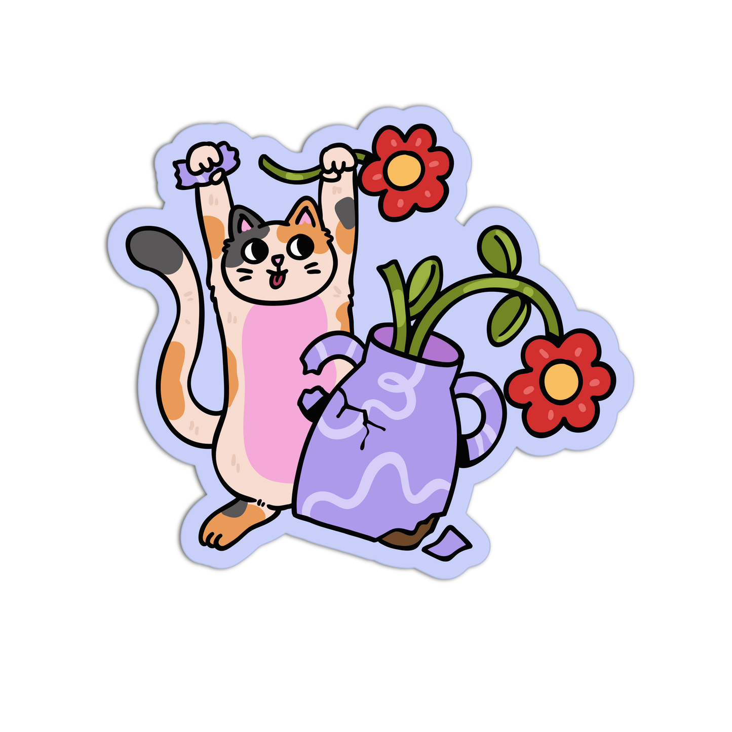 Sticker of a cat holding a vase with flowers on a white background